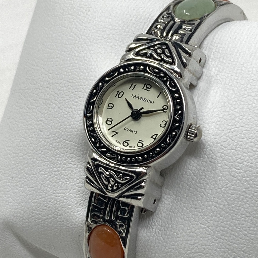 Massini Cuff Watch Women 22mm Silver Tone Rainbow Cabochon New Battery SMALL 6"
